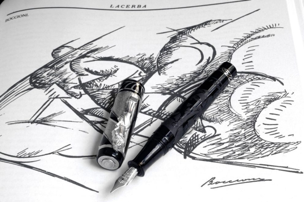 Stilografica 1916 Boccioni su bozzetto originale ispirato alle opere futuriste del maestro, incisioni su Nero di Marte.