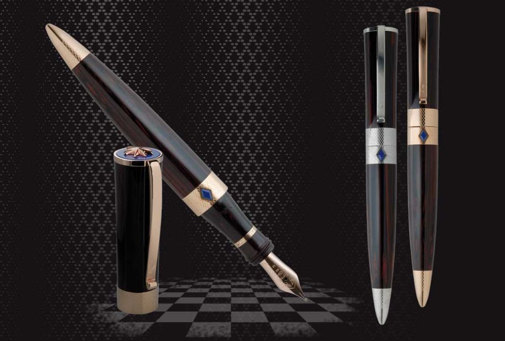 Penna stilografica Notaio Collezioni d’Arte Milano in ebanite rosso-nera e argento 925, gioiello artigianale Made in Italy da collezione.