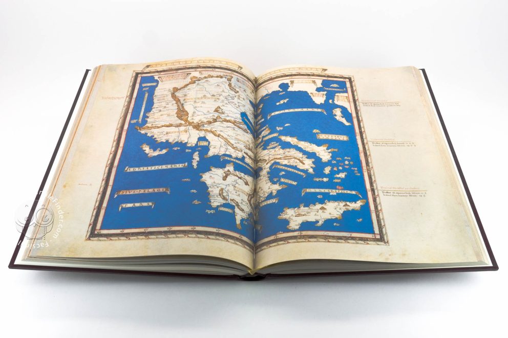 Dettaglio pagina illustrata del Ptolomei Cosmographia con rappresentazione geografica a colori.