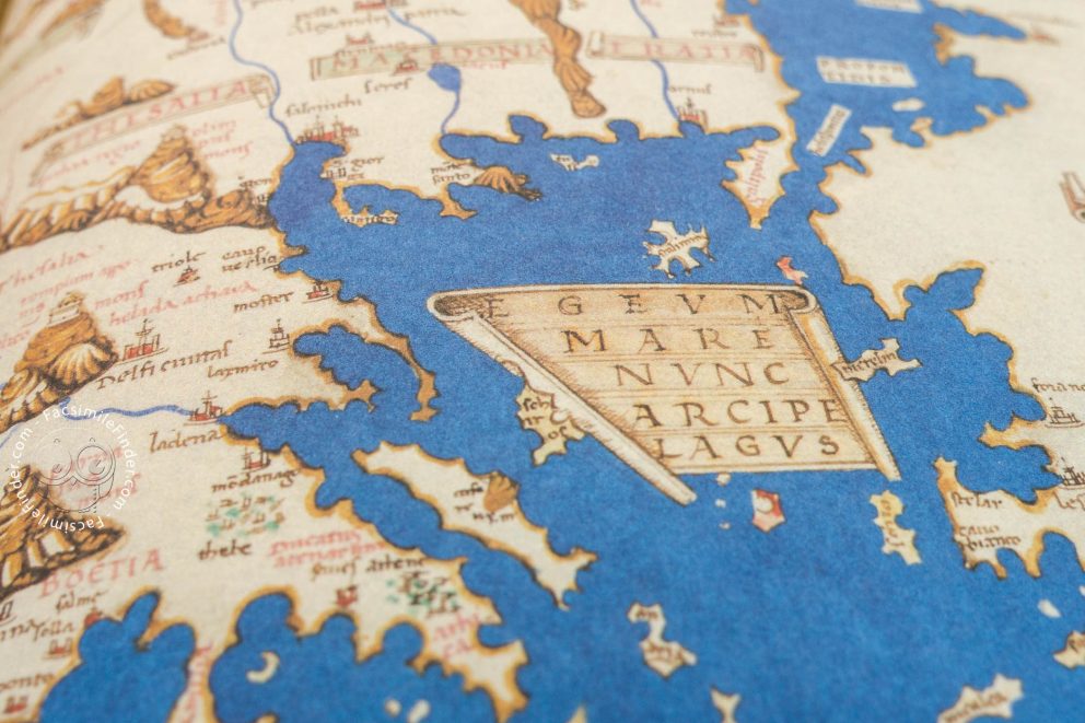 Dettaglio pagina illustrata del Ptolomei Cosmographia con rappresentazione geografica a colori.