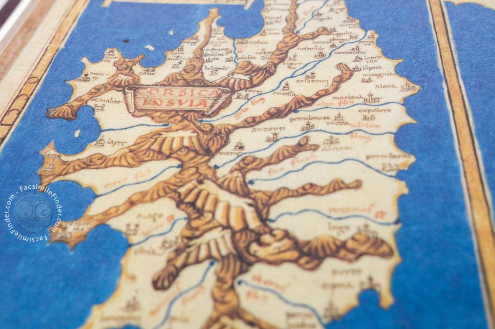 Dettaglio pagina illustrata del Ptolomei Cosmographia con rappresentazione geografica a colori.