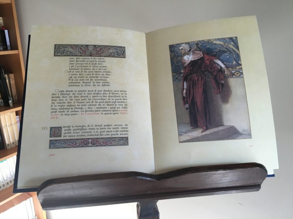 Edizione illustrata de La Vita Nuova con miniature e carta artigianale, libro di pregio per collezionisti.